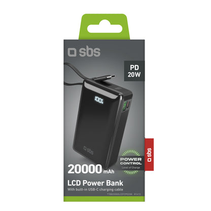 SBS Powerbank 20000mAh USB-A USB-C with built-in display, 20W USB-C cable - black – image 2