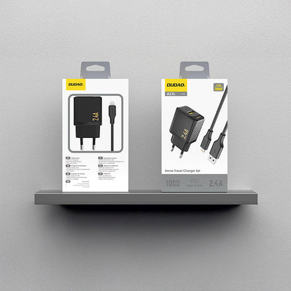 DUDAO USB-A wall charger with USB-A cable - iPhone Lightning 2.4A GaN EU - black – image 3