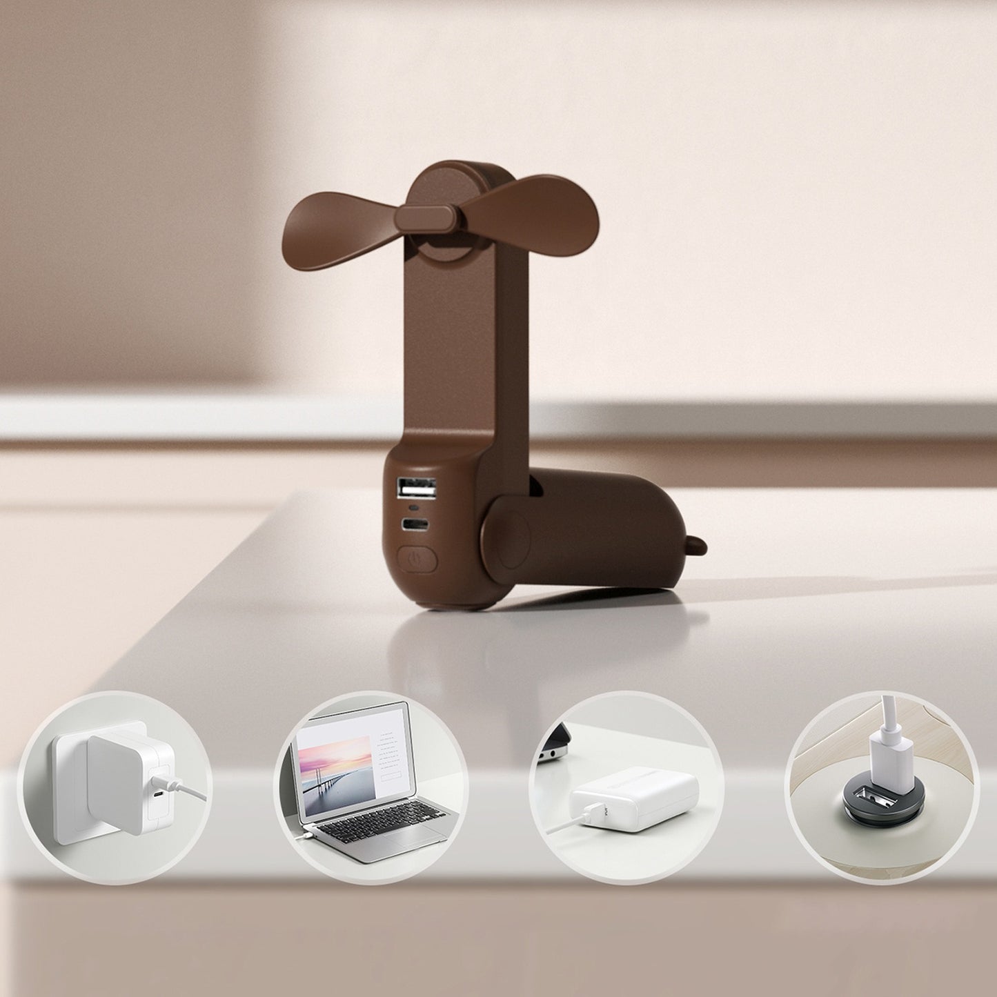 Jisulife Mini fan portable fan with power bank function and flashlight foldable 4500mAh USB-C - brown – image 2
