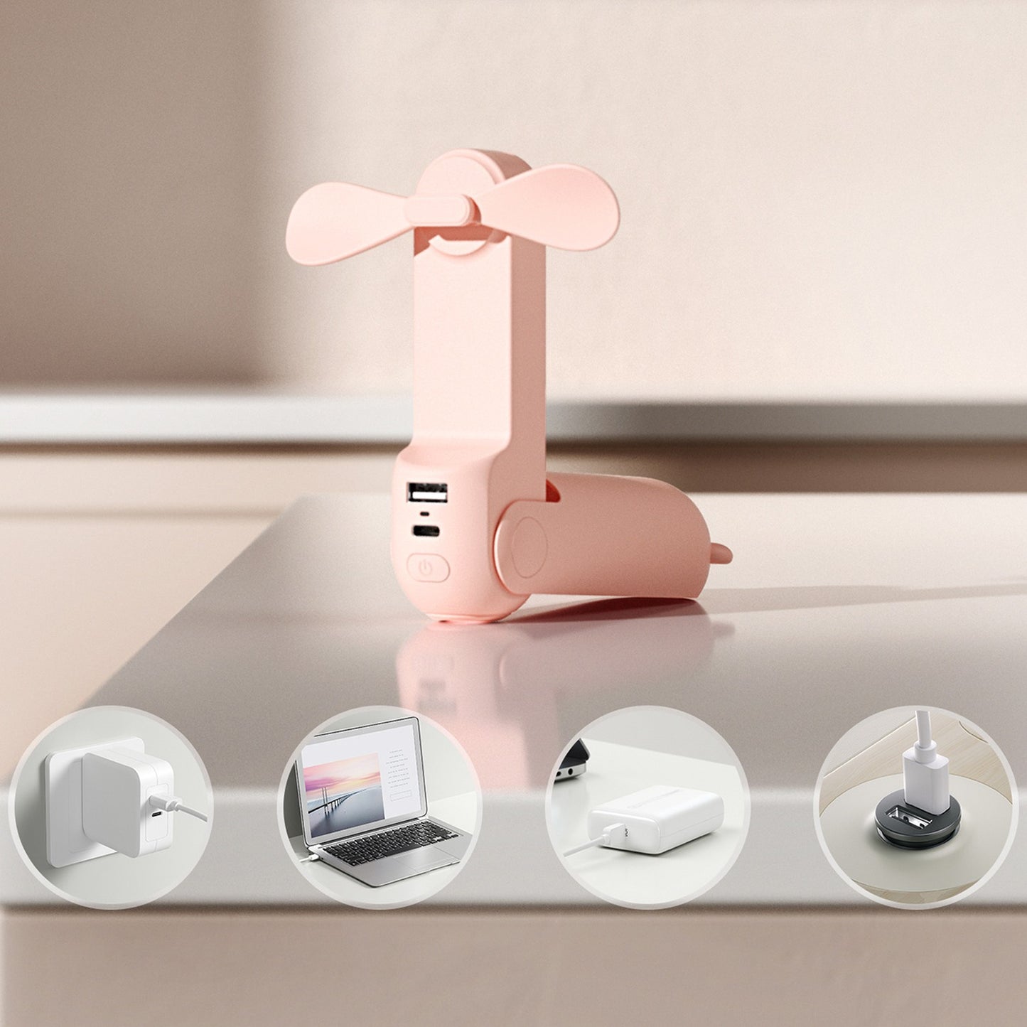 Jisulife Mini portable fan with power bank function and flashlight 2000mAh - pink – image 2