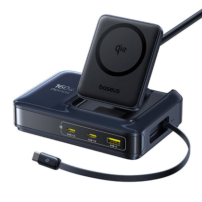 BASEUS 5in1 wireless USB-A USB-C charging station with retractable Qi2 cable 160W - black