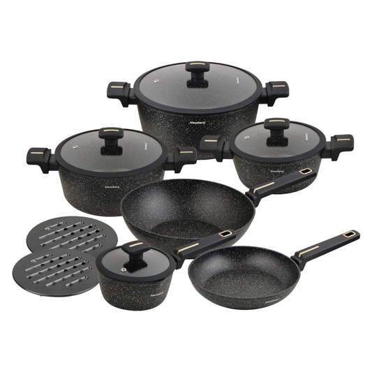 12-piece cookware set with wok, cast aluminum, marble nonstick coating, black, Klausberg, KB-7968 - Carlat