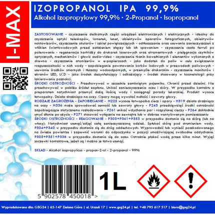 Isopropyl alcohol Isopropanol IPA I-MAX 99,9% 1L