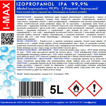 Isopropyl alcohol Isopropanol IPA I-MAX 99.9% 5L