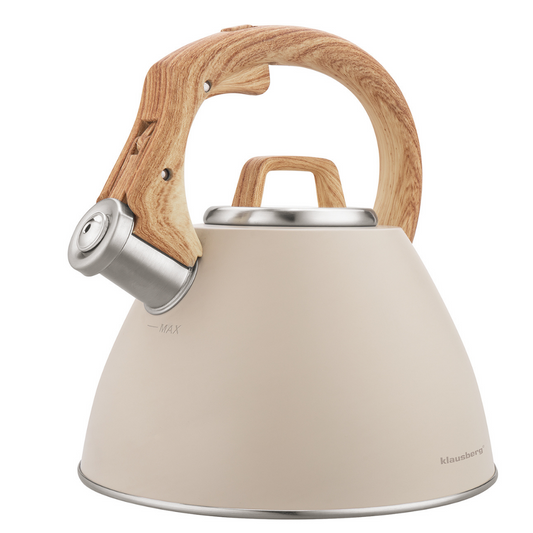 2.5-liter beige stainless steel kettle with a wood-grain handle, Klausberg KB-7954 - Carlat