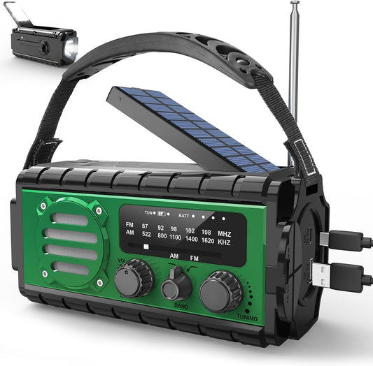 20000 mAh Solar Radio, AM/FM Crank Radio, Portable Dynamo Weather Emergency Radio, LED Torch & Reading Light, Type-C Charging, SOS Alarm, IPX6 for Camping Outdoor (Green) - Carlat