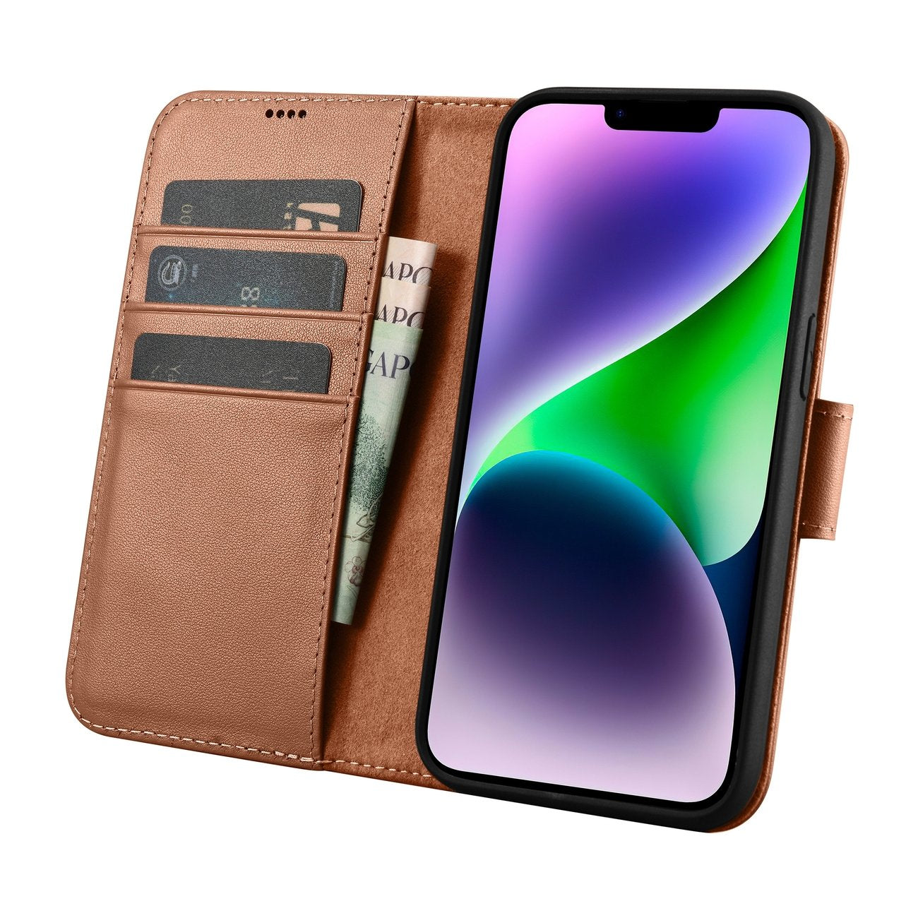 2in1 Leather Flip Cover iPhone 14 Anti-RFID Wallet Case Brown - Carlat