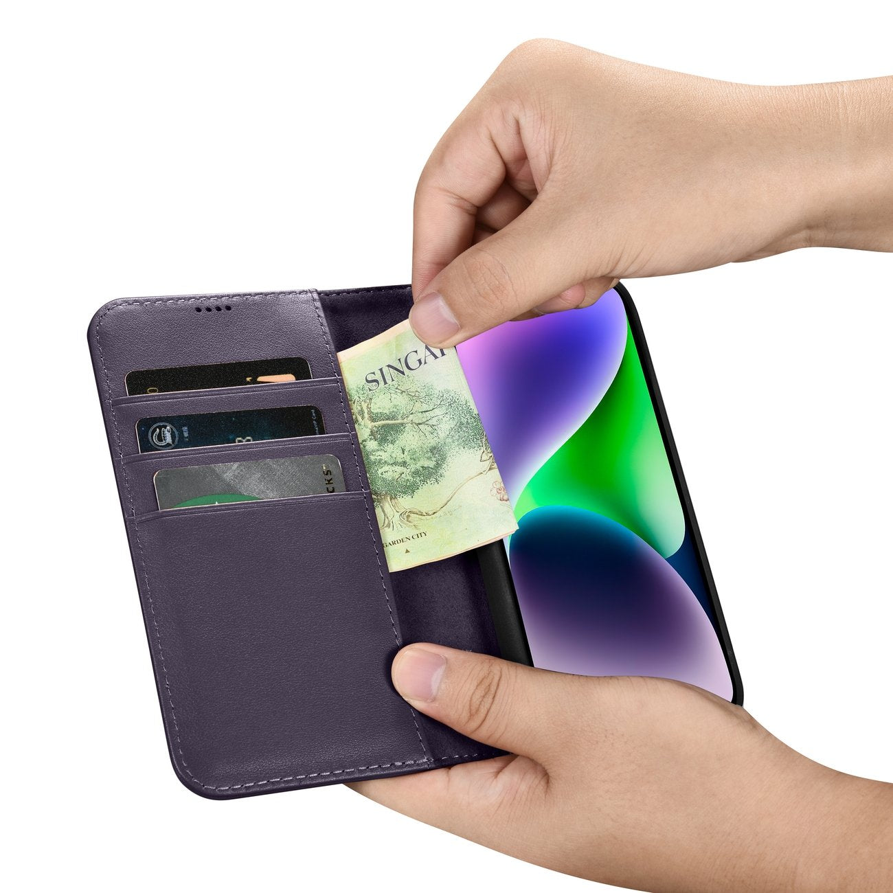 2in1 Leather Flip Cover iPhone 14 Anti-RFID Wallet Case Dark Purple - Carlat