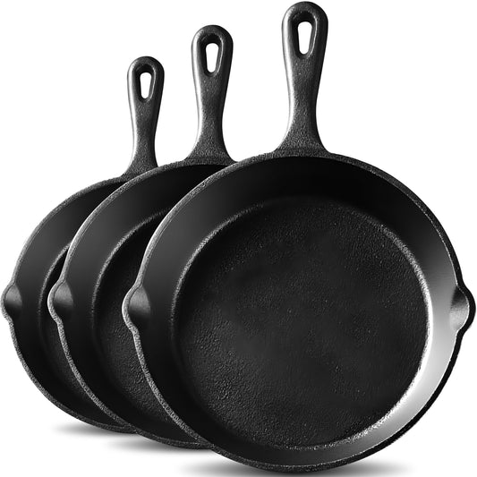 3 x XXL Deep Cast-Iron Skillet Set: Induction and Gas-Compatible Pancake Skillets - Carlat