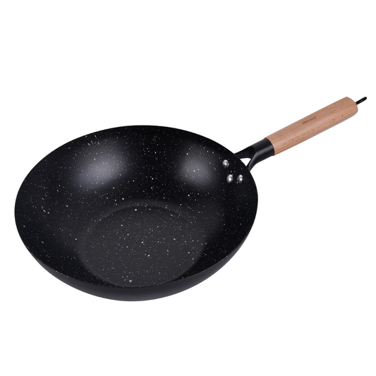 30 cm wok pan, carbon steel, marbled nonstick coating, wooden handle, Kinghoff, KH-1983 - Carlat