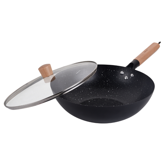 30 cm wok with lid, carbon steel, marbled nonstick coating, wooden handle, Kinghoff, KH-1984 - Carlat