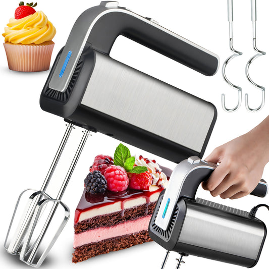 300W Turbo Hand Mixer with Whisk and Dough Hooks, 5 Speeds, Silver - ER1225 - Carlat