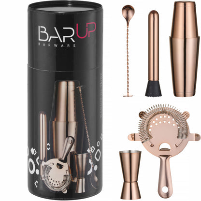 Bar Up Bartender set in a tube, shaker, jigger, strainer, muddler, spoon - copper