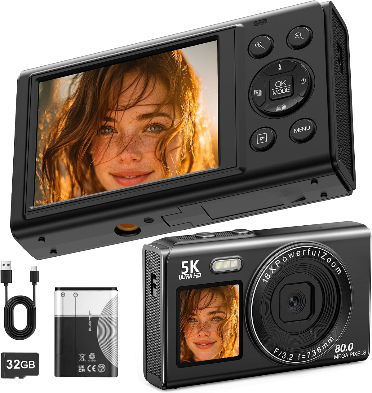 5K Digital Camera with 80 MP, 18X Zoom, 32GB SD Card, 1.5 Inch Selfie - Carlat