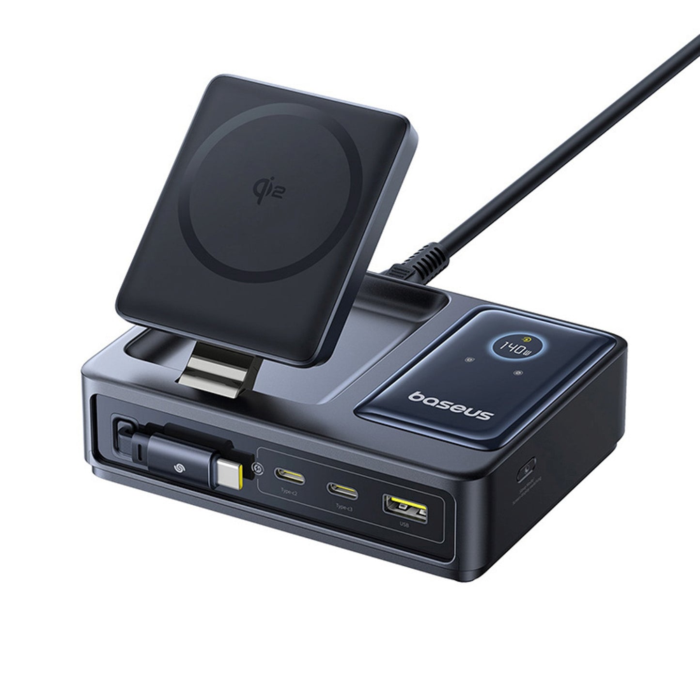 5in1 USB-A UAB-C charging station with 140W Qi2 retractable cable display - black - Carlat