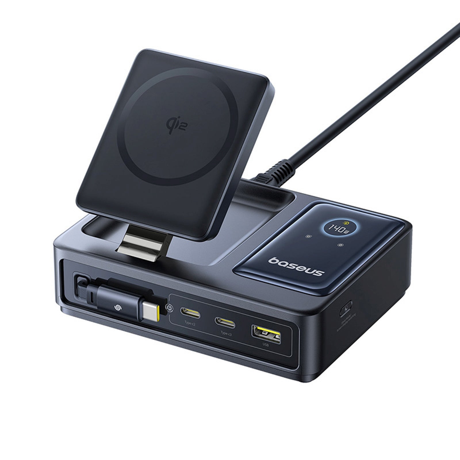 5in1 USB-A UAB-C charging station with 140W Qi2 retractable cable display - black - Carlat