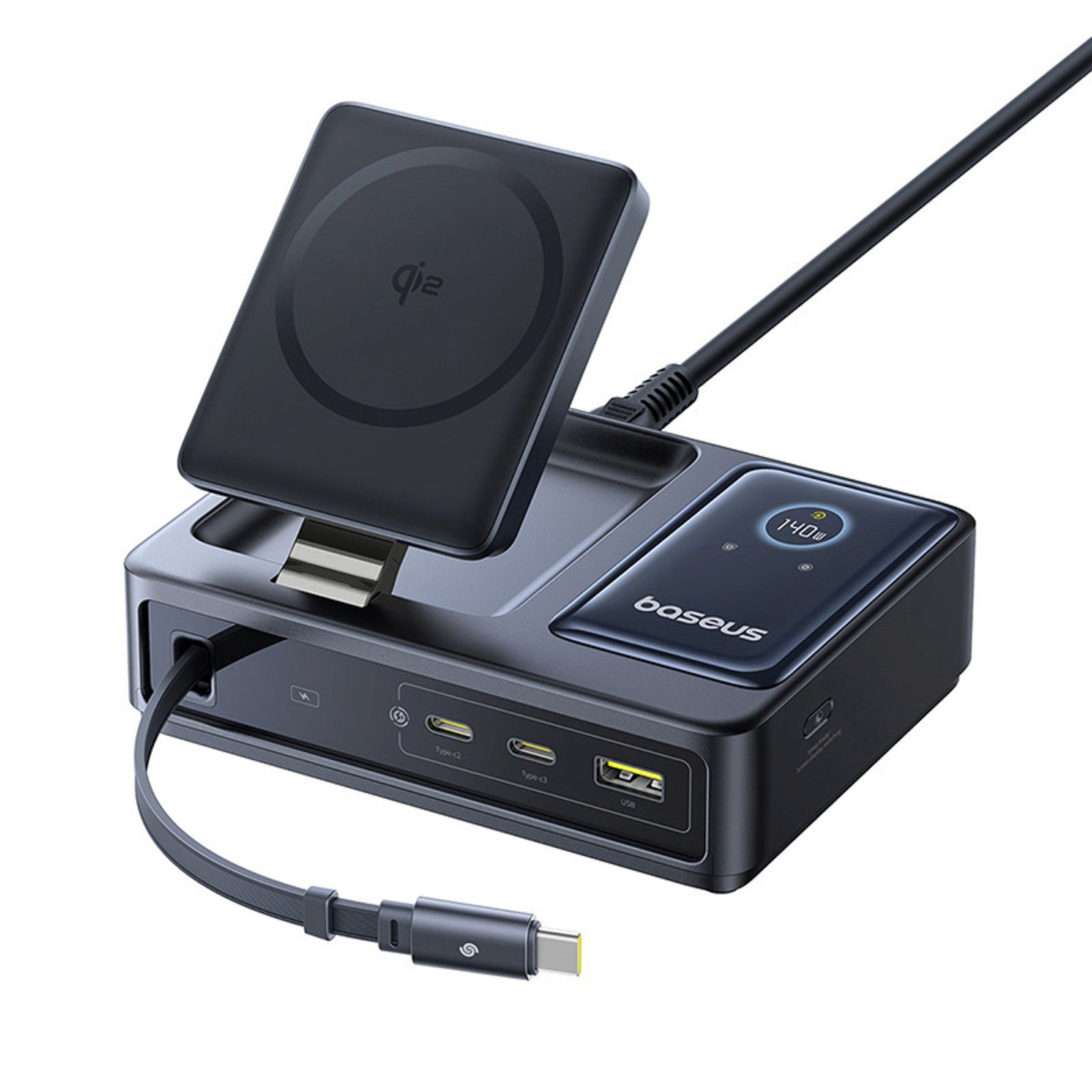 5in1 USB-A UAB-C charging station with 140W Qi2 retractable cable display - black - Carlat