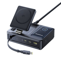 5in1 USB-A UAB-C charging station with 140W Qi2 retractable cable display - black - Carlat