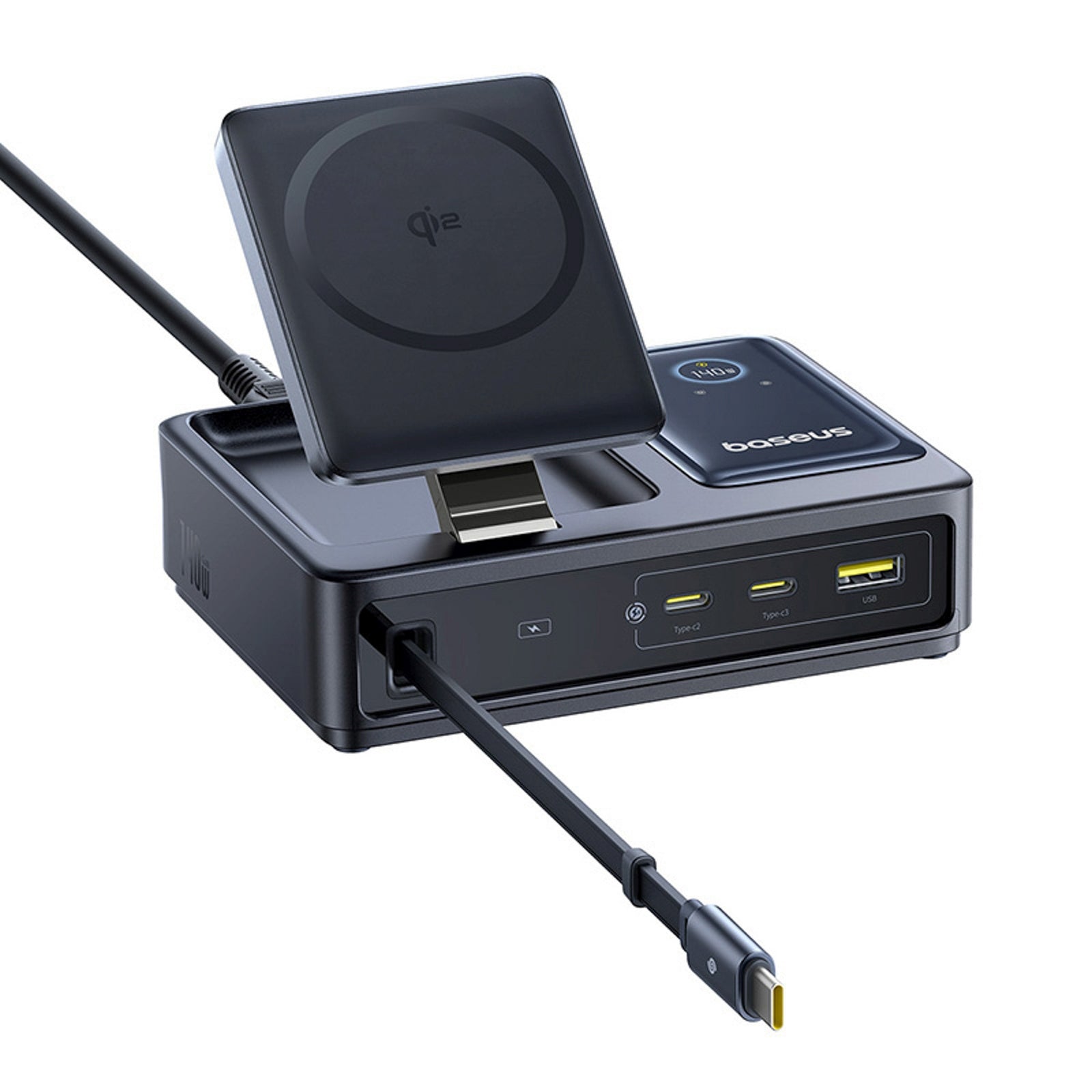 5in1 USB-A UAB-C charging station with 140W Qi2 retractable cable display - black - Carlat
