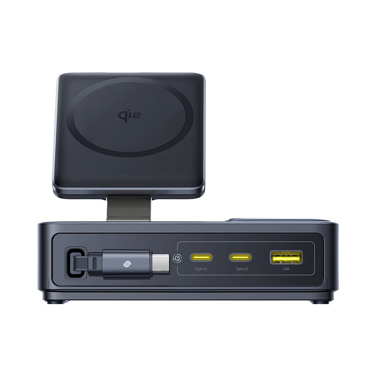5in1 USB-A UAB-C charging station with 140W Qi2 retractable cable display - black - Carlat
