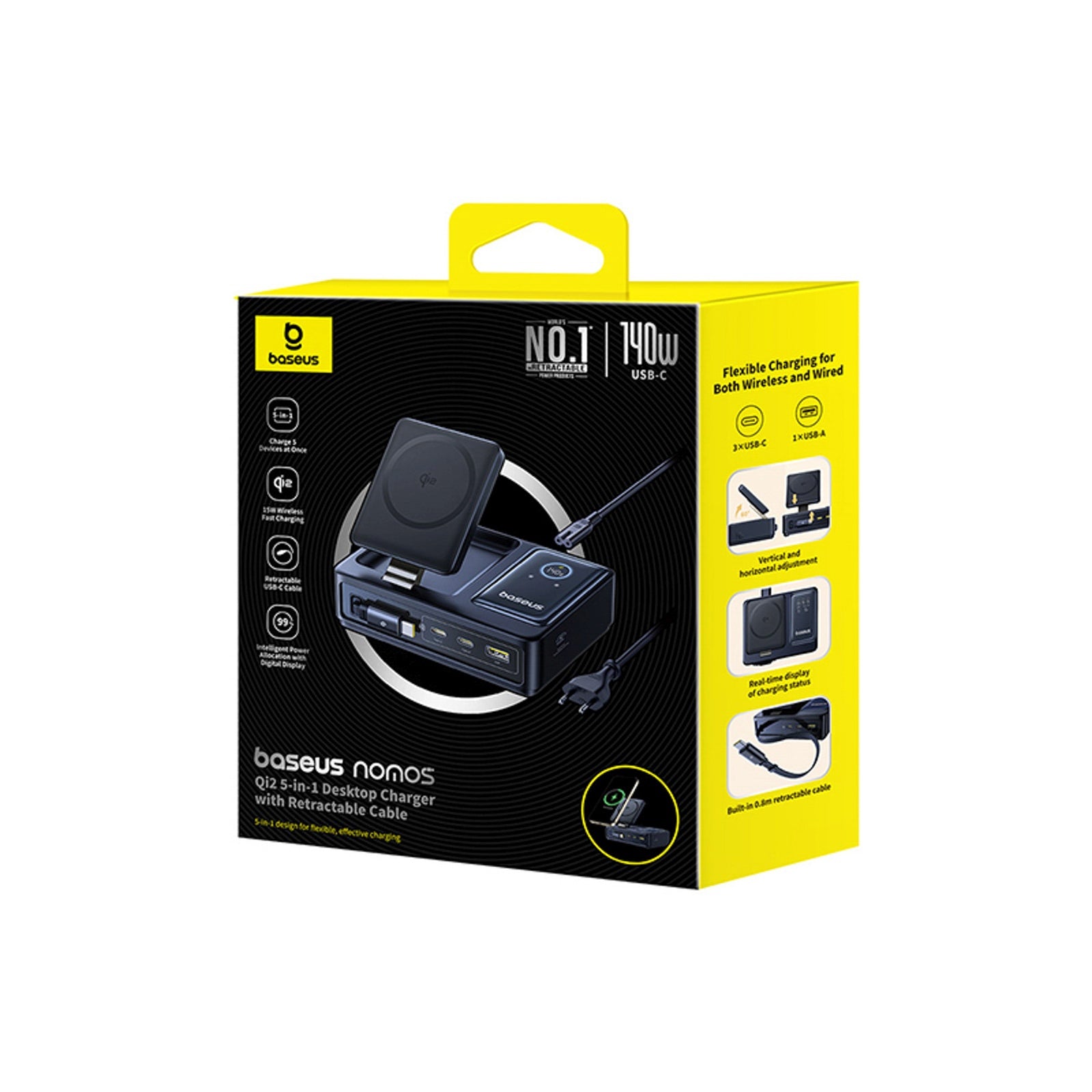 5in1 USB-A UAB-C charging station with 140W Qi2 retractable cable display - black - Carlat