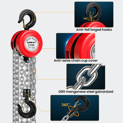Anbull 1T Kettenzug handseilwinde, Vollverzinkte Kette, ölfrei, 1000Kg Tragkraft Flaschenzug Seilzug Hebezug Ratschenzug, 3m Kette, Kettenblockaufzug