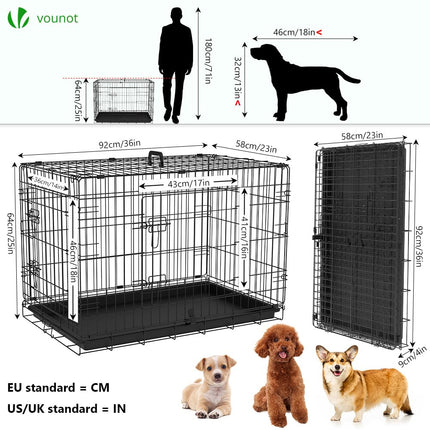 VOUNOT Hundekäfig Klappbar, Hundebox Auto Hundetransportkäfig mit Doppeltüren, 2 Transportgriffen & Bodenschale, L 92x58x64cm, Schwarz