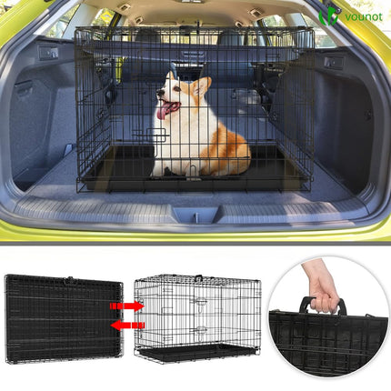 VOUNOT Hundekäfig Klappbar, Hundebox Auto Hundetransportkäfig mit Doppeltüren, 2 Transportgriffen & Bodenschale, L 92x58x64cm, Schwarz