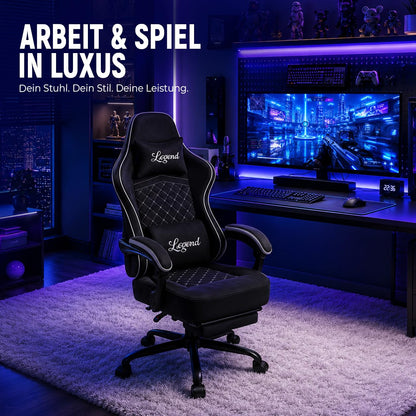 Shadcoler Ergonomic Gaming Chair with Footrest, Tech Fabric, Pocket Spring Cushion, Reclining Backrest, Black