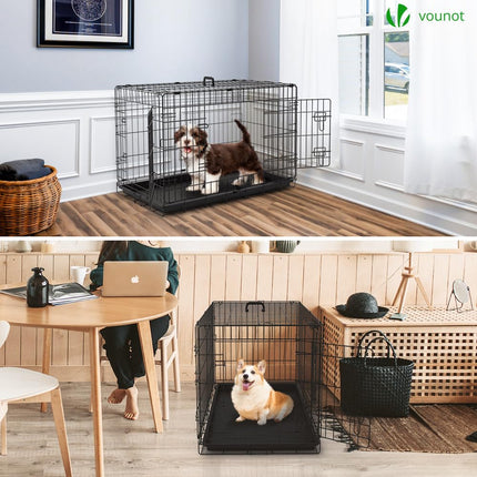 VOUNOT Hundekäfig Klappbar, Hundebox Auto Hundetransportkäfig mit Doppeltüren, 2 Transportgriffen & Bodenschale, L 92x58x64cm, Schwarz