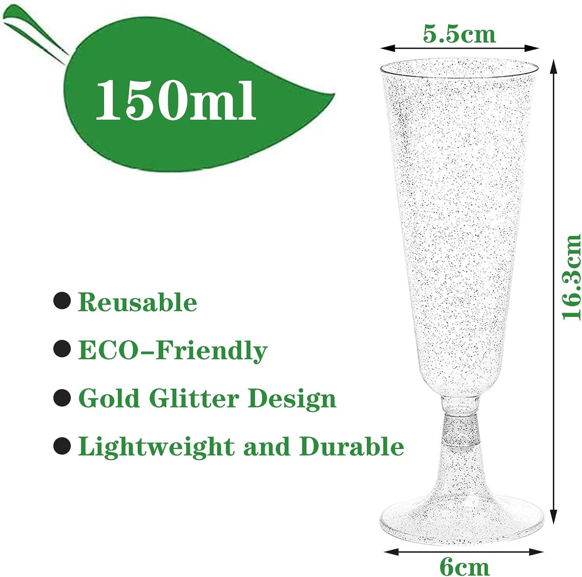 Reusable Plastic Champagne Glasses, 150 ml, Silver Glitter, 50 pcs