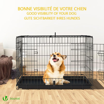 VOUNOT Hundekäfig Klappbar, Hundebox Auto Hundetransportkäfig mit Doppeltüren, 2 Transportgriffen & Bodenschale, L 92x58x64cm, Schwarz
