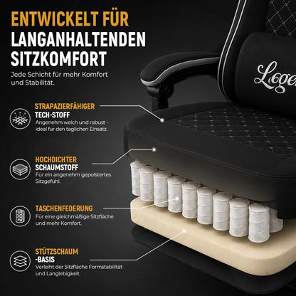 Shadcoler Ergonomic Gaming Chair with Footrest, Tech Fabric, Pocket Spring Cushion, Reclining Backrest, Black