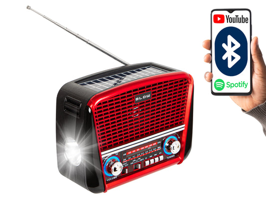 77-556# Portable Analog AM/FM Bluetooth Blow RA17 Solar-Powered Red Radio - Carlat