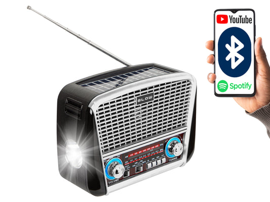 77-557# Portable Analog AM/FM Bluetooth Blow RA17 Solar Radio, Silver - Carlat