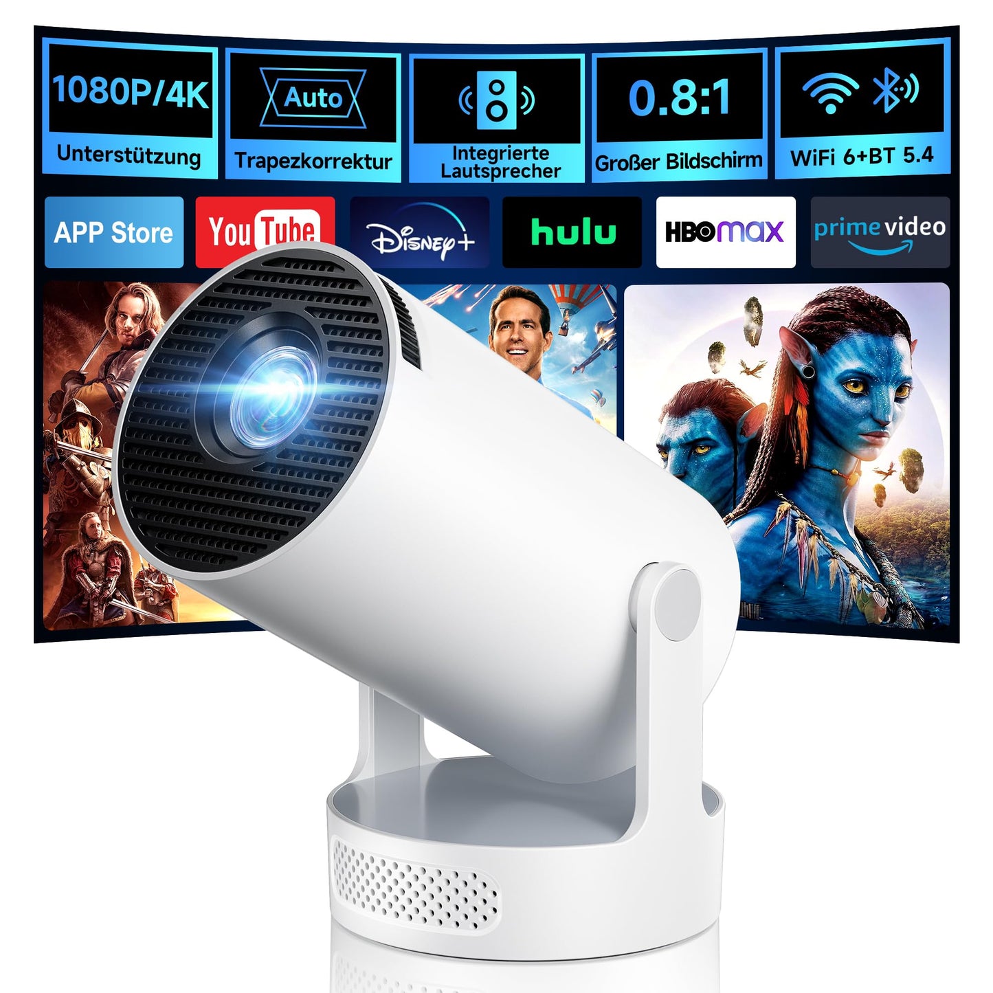 Mini Beamer, Philoent Smart Projektor 4K/1080P Unterstützt Neueste Apps WiFi 6 Bluetooth 5.4 Auto Screen Trapezkorrektur Niedriges Rauschen, Ultrakurzdistanzbeamer bietet großes Bild im kleinen Raum Philoent