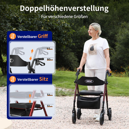 VOCIC Rollator Faltbar und Leicht mit Sit,Rollatoren Schmal für Wohnung,Rollatoren für Senioren Klappbar mit 20cm Reifen für All Gelände,Sitz und Griff Höhenverstellbar,5 Jahre Garantie| Dunkelrot