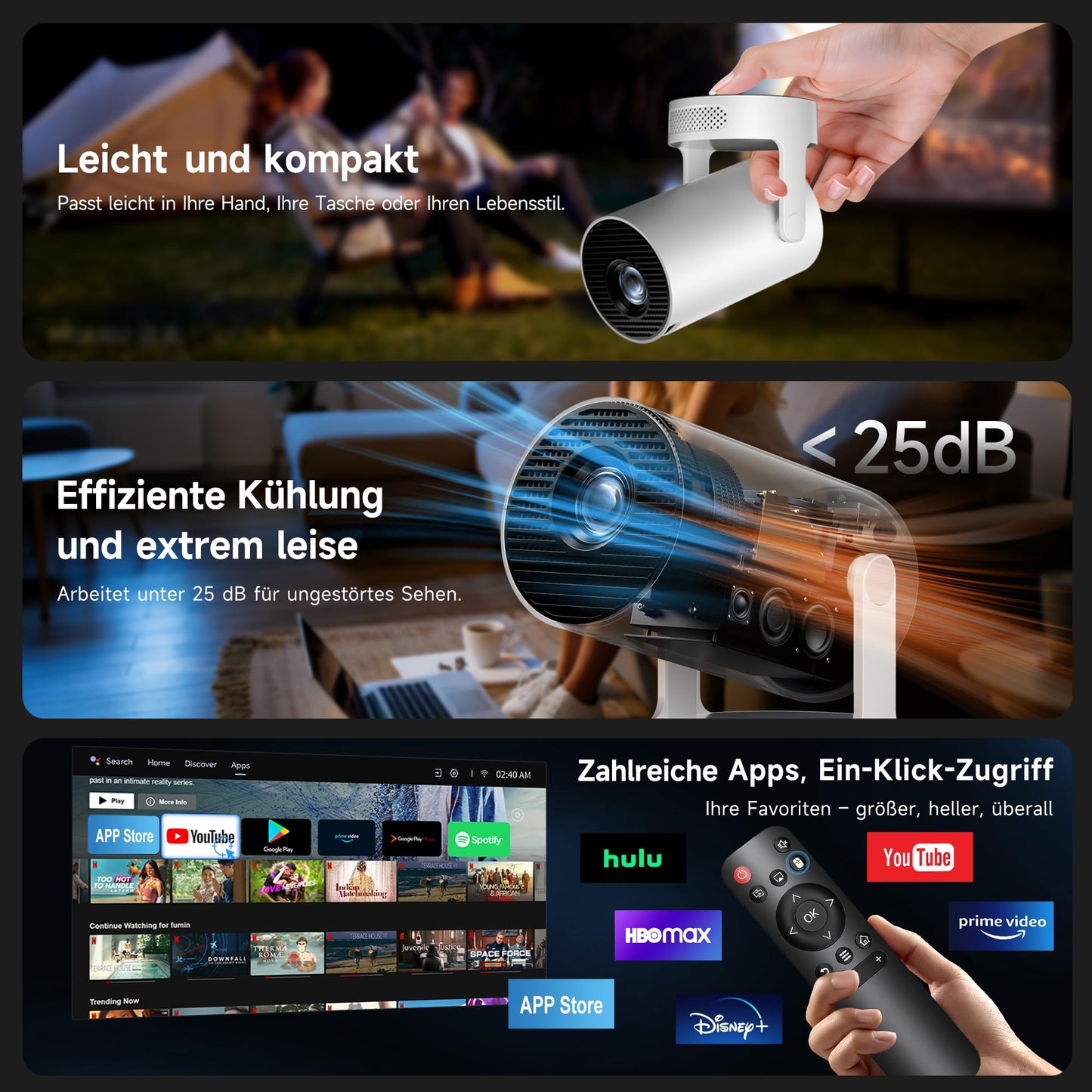 Mini Beamer, Philoent Smart Projektor 4K/1080P Unterstützt Neueste Apps WiFi 6 Bluetooth 5.4 Auto Screen Trapezkorrektur Niedriges Rauschen, Ultrakurzdistanzbeamer bietet großes Bild im kleinen Raum Philoent