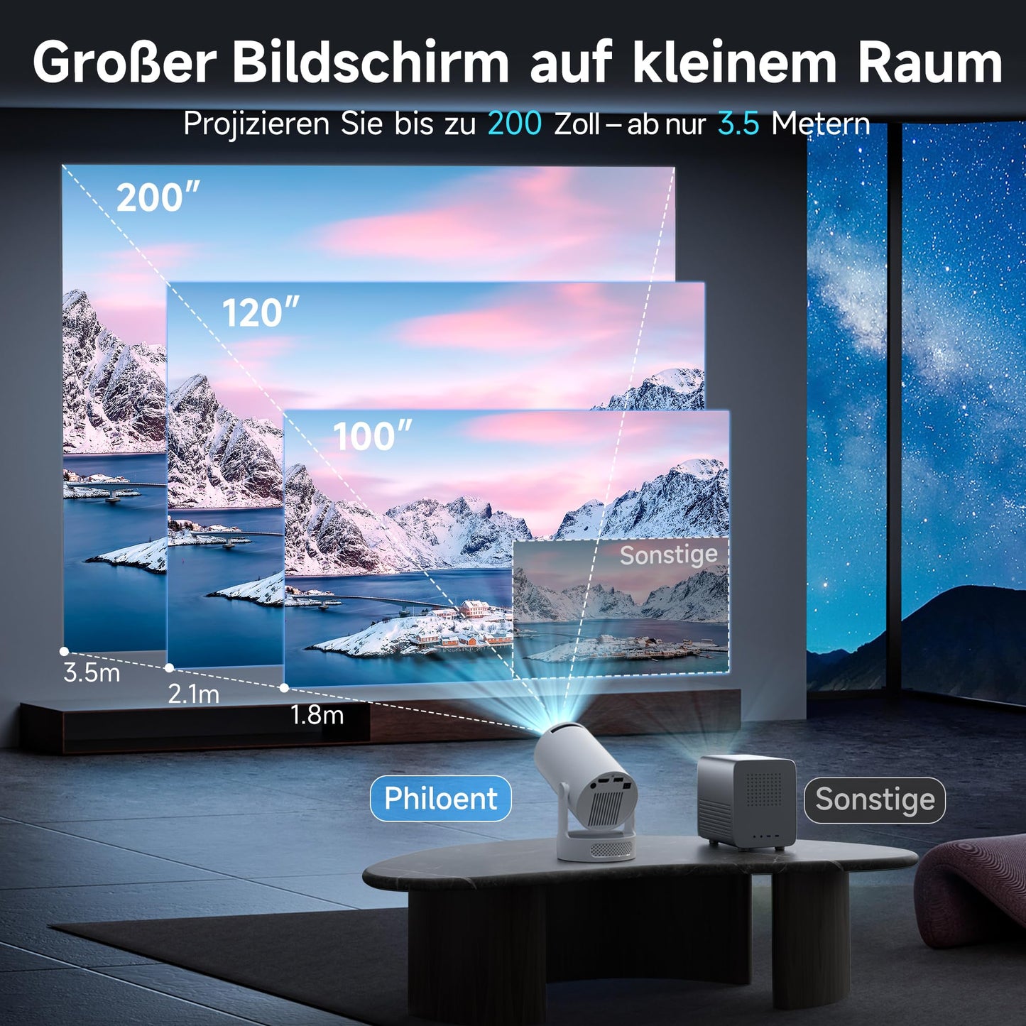 Mini Beamer, Philoent Smart Projektor 4K/1080P Unterstützt Neueste Apps WiFi 6 Bluetooth 5.4 Auto Screen Trapezkorrektur Niedriges Rauschen, Ultrakurzdistanzbeamer bietet großes Bild im kleinen Raum Philoent