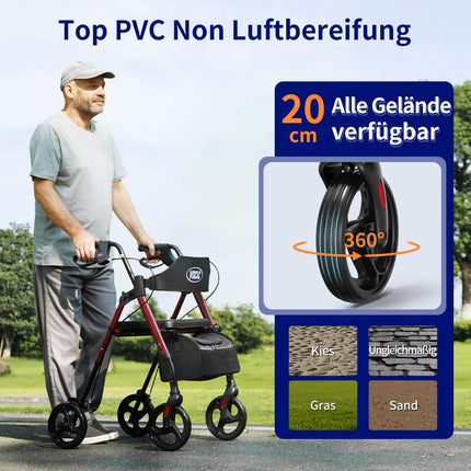 VOCIC Rollator Faltbar und Leicht mit Sit,Rollatoren Schmal für Wohnung,Rollatoren für Senioren Klappbar mit 20cm Reifen für All Gelände,Sitz und Griff Höhenverstellbar,5 Jahre Garantie| Dunkelrot