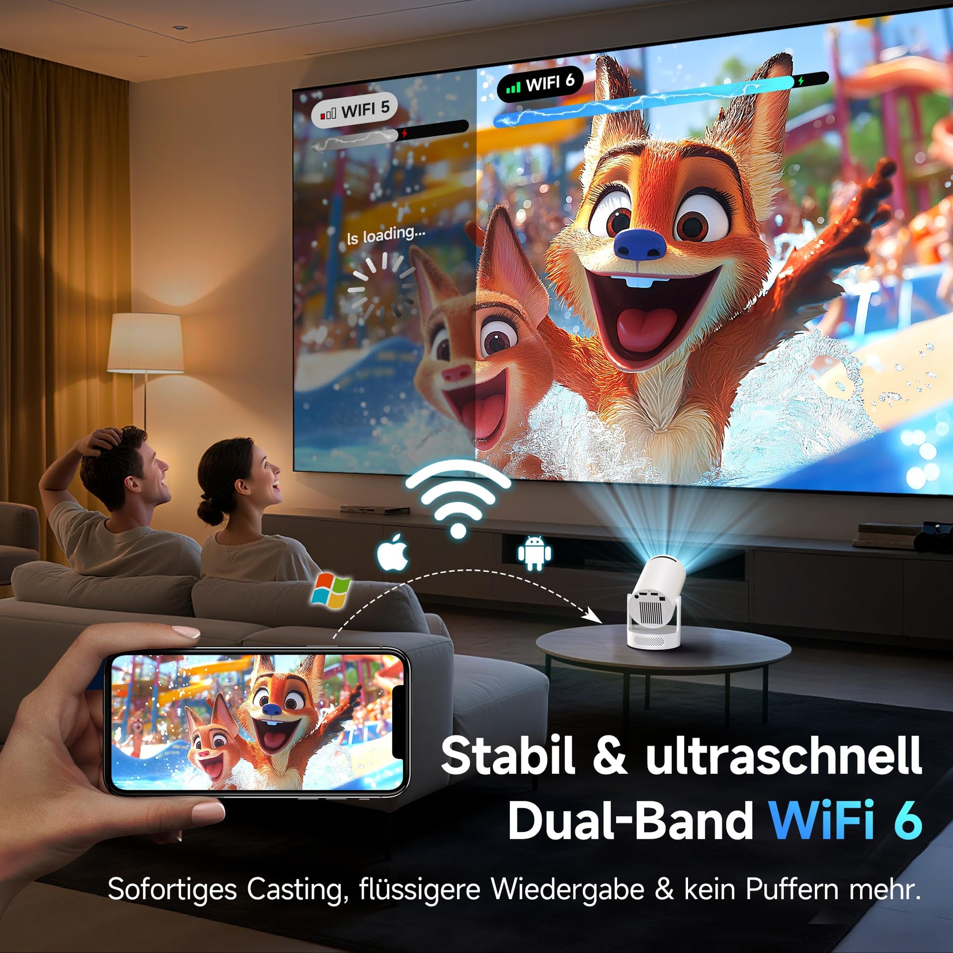 Mini Beamer, Philoent Smart Projektor 4K/1080P Unterstützt Neueste Apps WiFi 6 Bluetooth 5.4 Auto Screen Trapezkorrektur Niedriges Rauschen, Ultrakurzdistanzbeamer bietet großes Bild im kleinen Raum Philoent