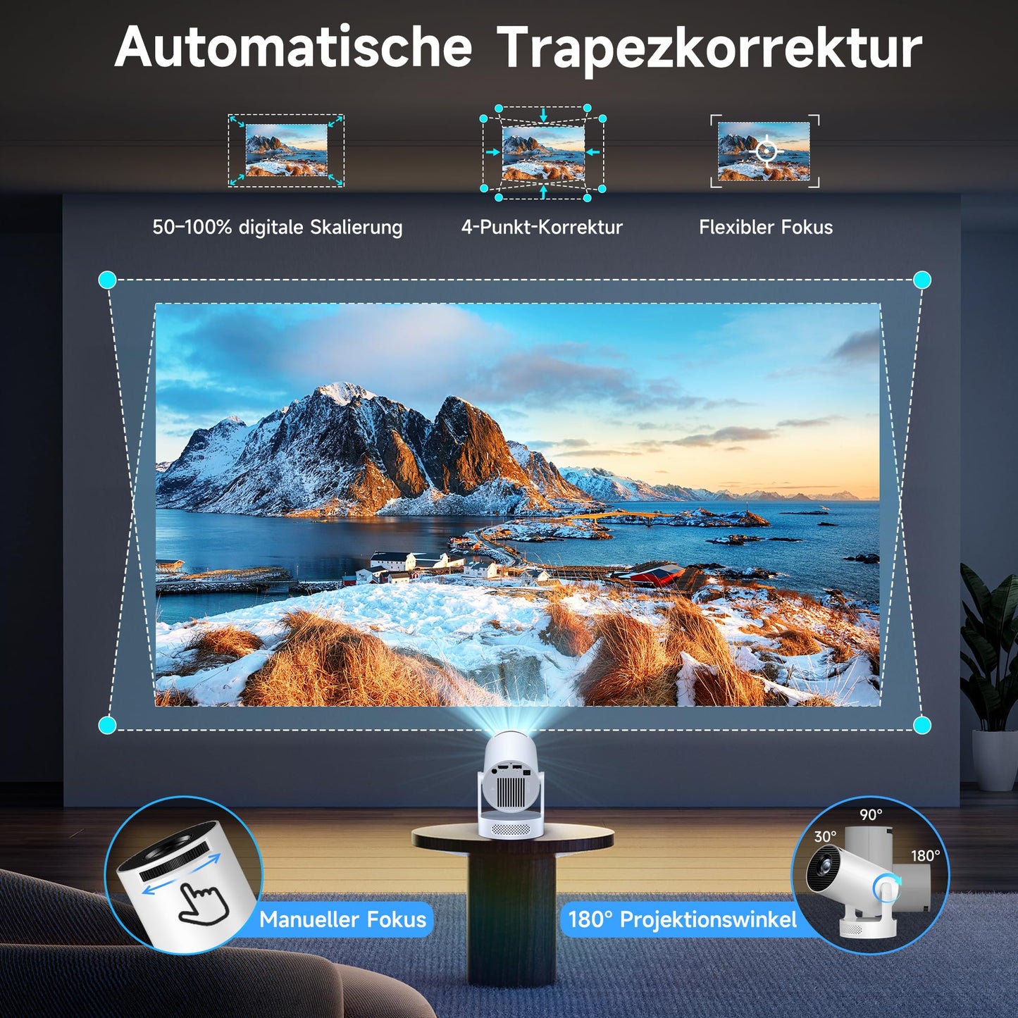 Mini Beamer, Philoent Smart Projektor 4K/1080P Unterstützt Neueste Apps WiFi 6 Bluetooth 5.4 Auto Screen Trapezkorrektur Niedriges Rauschen, Ultrakurzdistanzbeamer bietet großes Bild im kleinen Raum Philoent
