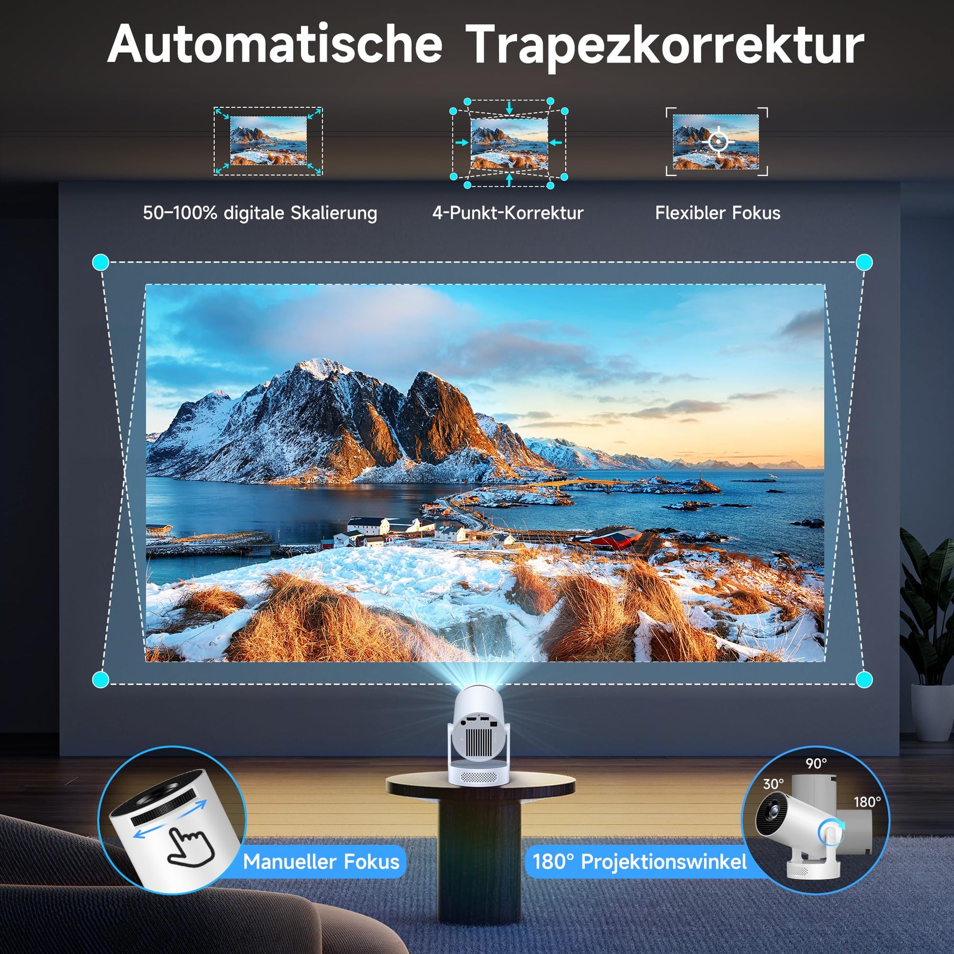 Mini Beamer, Philoent Smart Projektor 4K/1080P Unterstützt Neueste Apps WiFi 6 Bluetooth 5.4 Auto Screen Trapezkorrektur Niedriges Rauschen, Ultrakurzdistanzbeamer bietet großes Bild im kleinen Raum Philoent