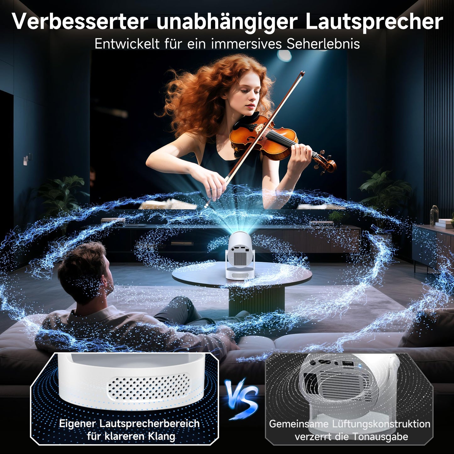 Mini Beamer, Philoent Smart Projektor 4K/1080P Unterstützt Neueste Apps WiFi 6 Bluetooth 5.4 Auto Screen Trapezkorrektur Niedriges Rauschen, Ultrakurzdistanzbeamer bietet großes Bild im kleinen Raum Philoent