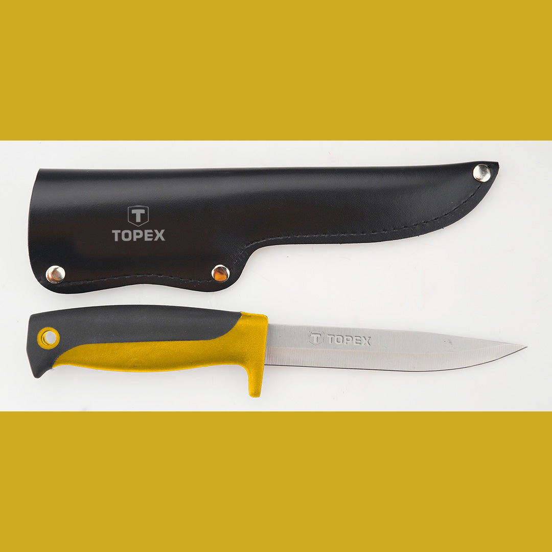 TOPEX Survival (gloves, fire – Utility knife, 120 mm blade, leather sheath