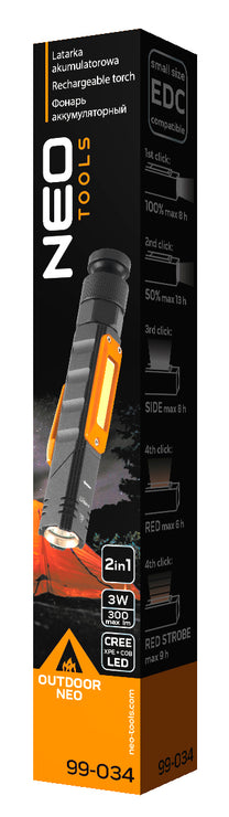 NEO TOOLS USB Rechargeable Flashlight, 300 lm, 2-in-1 CREE XPE + COB LED – image 5