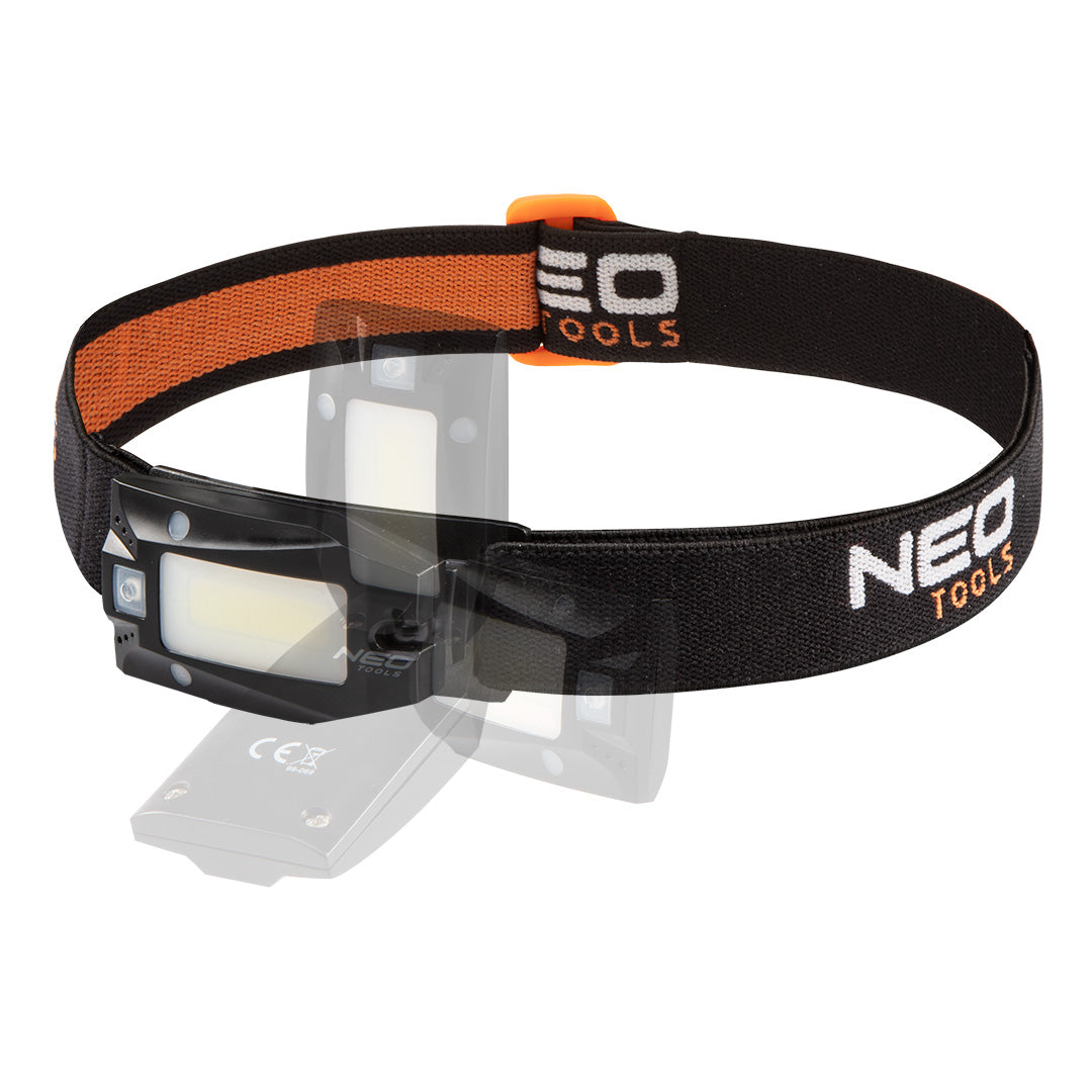 NEO TOOLS Flashlights – USB-Rechargeable Headlamp, 180 lm COB LED + Motion Sensor