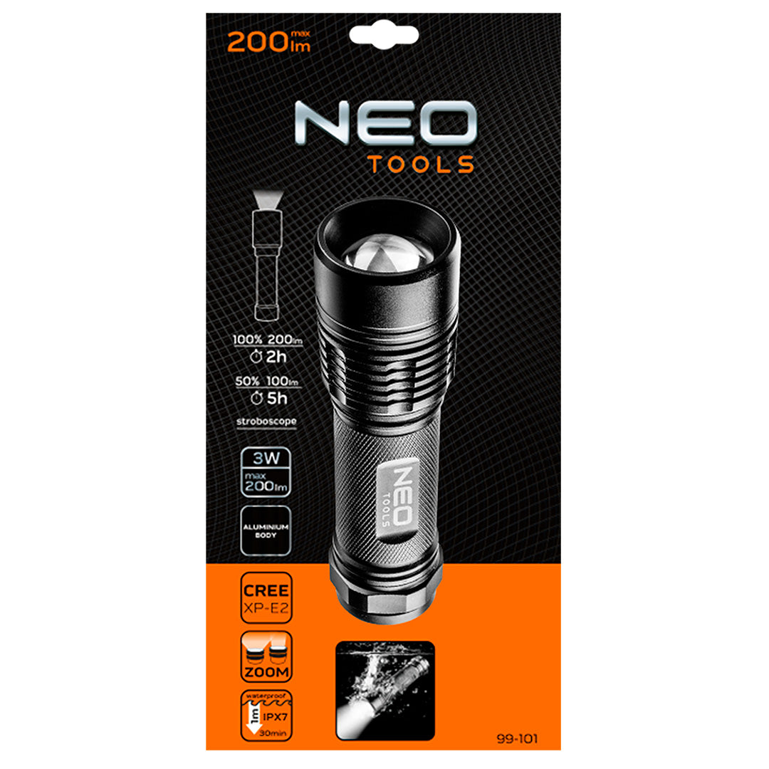 NEO TOOLS Flashlights – 200 lm Battery-Powered Flashlight, Zoom, IPX7, 3 x AAA – image 6