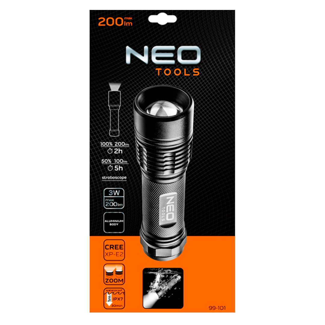 NEO TOOLS Flashlights – 200 lm Battery-Powered Flashlight, Zoom, IPX7, 3 x AAA – image 4