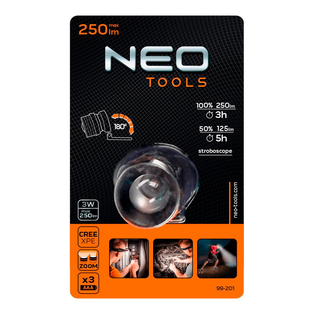 NEO TOOLS 250 lm Battery-Powered Headlamp, Zoom, CREE XPE, 3 x AAA – image 6